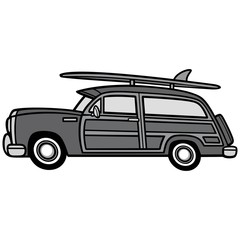 Plakat Woodie Surf Wagon Illustration - A vector cartoon illustration of a Woodie Surf Wagon.