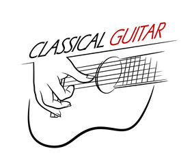 Classical Guitar Logo of Hand Plucking A Guitar Strings, a hand drawn vector illustration of a hand playing a guitar.