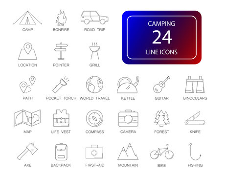 Line icons set. Camping pack. Vector illustration	