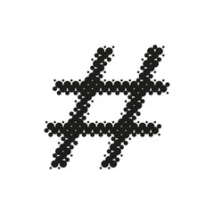 Fototapeta na wymiar Sign Hashtag, halftone icon. Dotted grunge symbol of ink spots. Textured design element. Vector