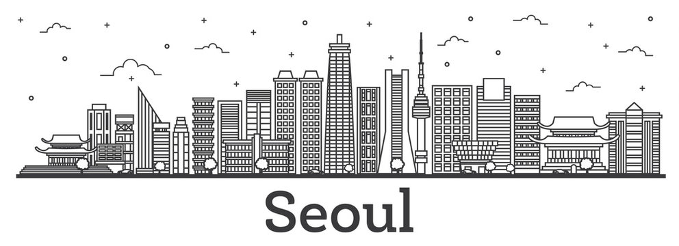 Outline Seoul South Korea City Skyline with Modern Buildings Isolated on White.