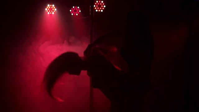 Two sexy girls with long flowing hair dancing around the pole in a night club by the light of red lights. Pole dance.