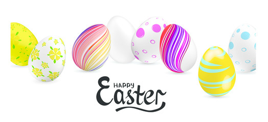 White, yellow, red, striped colorful Easter eggs on the white background. Set of bright Easter eggs. Happy Easter lettering