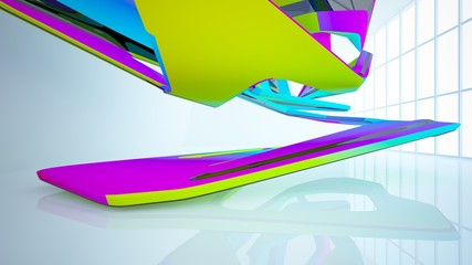 Abstract white and colored gradient smooth interior with window. 3D illustration and rendering.