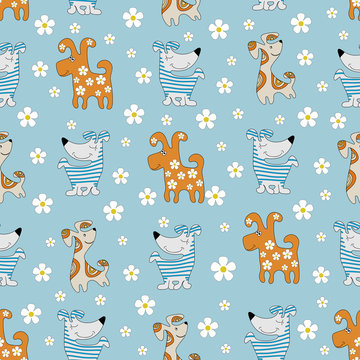Funny cartoon dogs. Seamless pattern. Colorful background image with cute animals. Design for children's textiles, packages of packaging materials.