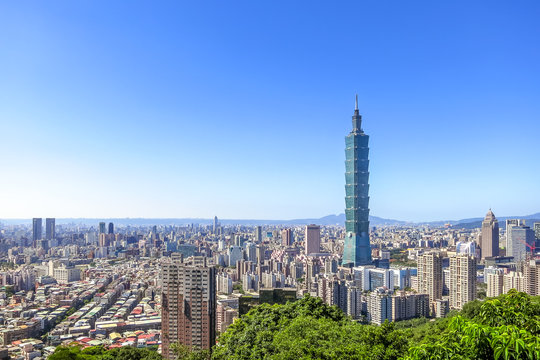 Aerial view over Taipei City with Taipei 101 Skyscraper, capital city of Taiwan
