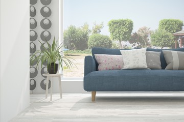 Idea of white room with sofa and summer landscape in window. Scandinavian interior design. 3D illustration