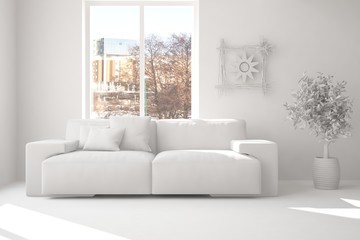 Fototapeta premium White room with sofa. Scandinavian interior design. 3D illustration