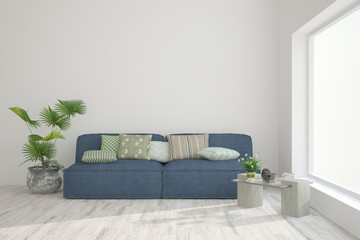 Idea of white minimalist room with sofa. Scandinavian interior design. 3D illustration