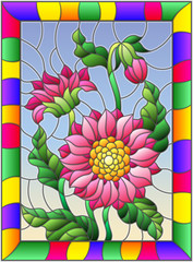 Illustration in stained glass style with three bright pink flowers  , buds and leaves on a sky background in a frame