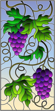 The illustration in stained glass style painting with a bunch of red grapes and leaves on a sky  background,vertical image