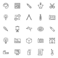 Drawing tools outline icons set. linear style symbols collection, line signs pack. vector graphics. Set includes icons as color palette, pencil, scissors, magic wand, crop, compass, blueprint, feather