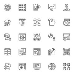 Cryptocurrency outline icons set. linear style symbols collection, line signs pack. vector graphics. Set includes icons as bitcoin , mining asic farm , exchange rates chart, cryptocurrency blockchain