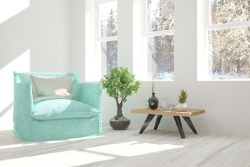 Fototapeta premium White room with armchair and winter landscape in window. Scandinavian interior design. 3D illustration