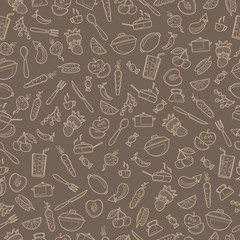 Seamless pattern with outline icons on a theme kitchen accessories and food,beige outline on a brown background