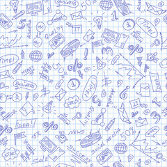 Seamless pattern on the theme of business , simple contour icons, blue  contour  icons on the clean writing-book sheet in a cage