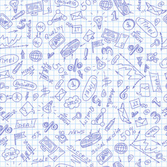 Obraz premium Seamless pattern on the theme of business , simple contour icons, blue contour icons on the clean writing-book sheet in a cage