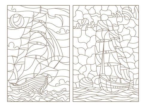 Set contour illustrations of stained glass, seascape, ships sailing on the background of the cloudy sky and the sun, dark contours on white backgroun