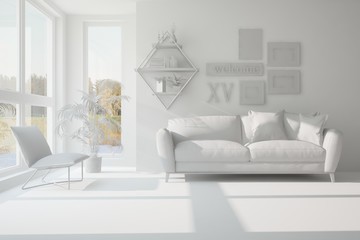 White room with sofa. Scandinavian interior design. 3D illustration