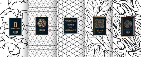 Collection of design elements,labels,icon,frames, for packaging,design of luxury products.for perfume,soap,wine, lotion.Made with golden foil.Isolated on geometric background.vector illustration