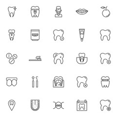 Dental equipment outline icons set. linear style symbols collection, line signs pack. vector graphics. Set includes icons as shiny clean tooth, implant , professional dentist doctor, smile mouth 