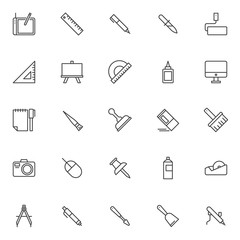 Design elements outline icons set. linear style symbols collection, line signs pack. vector graphics. Set includes icons as designers graphic tablet and pen, measuring ruler, dropper pipette, monitor