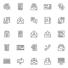Dialogue messages outline icons set. linear style symbols collection, line signs pack. vector graphics. Set includes icons as speech bubble, smartphone with messaging sms app, archive box, mail