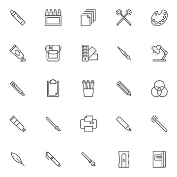 Design tools outline icons set. linear style symbols collection, line signs pack. vector graphics. Set includes icons as Crayon , box, Papers, Scissors, Color palette, Acrylic paint tube, Pantone