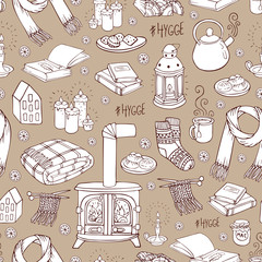 Seamless pattern with hand-drawn doodles hygge. Vector illustration.