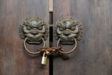 double lion knobs and lock on an old wooden gate