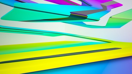 Abstract dynamic interior with black and colored gradient smooth objects. 3D illustration and rendering