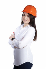 Woman construction engineer in protective helmet. Smiling isolated on white background