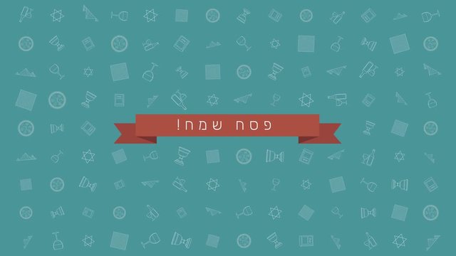 Passover holiday flat design animation background with traditional outline icon symbols and hebrew text