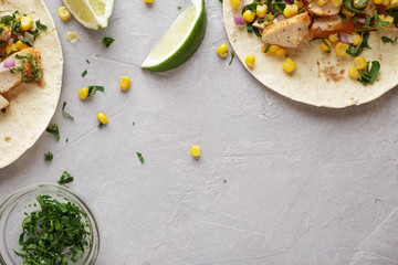 Background with ingredients for tacos on the gray stone table. - 195826705