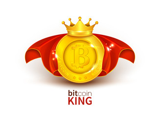 Vector 3d realistic golden bitcoin in red cloak, with royal crown on it, popular cryptocurrency, number one in world isolated on background. Internet technology, business success concept illustration