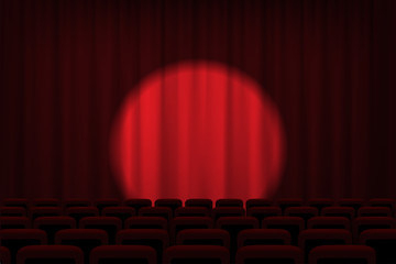 Cinema or theater stage with spotlight on red curtains and chairs. Vector theater, cinema or circus background.