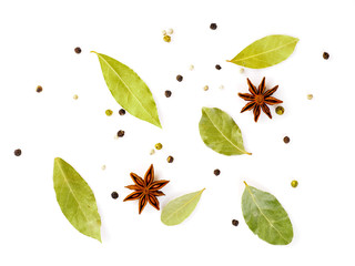 Set of spices on white background, top view. Seasonings for meat broth
