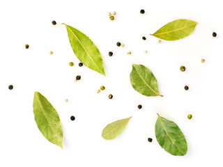 Set of spices on white background, top view. Seasonings for meat broth