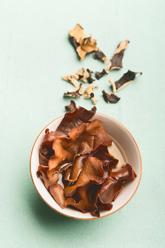 Chinese Mu Err Mushrooms in bowl , close up. Auricularia judae