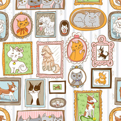 cats and dogs portraits seamless vector pattern
