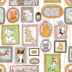 Fotobehang Katten katten en honden portretten naadloze vector patroon