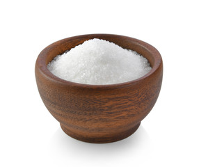 sugar in wood bowl on white background