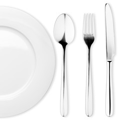 Empty plate, Spoon, fork, knife, clipping path, white background
