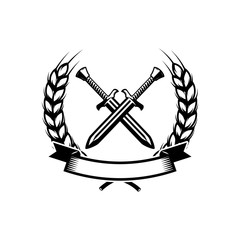 Emblem template with crossed swords. Design element for logo, label, emblem, sign.