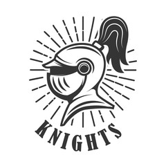 Knights. Emblem template with medieval knight helmet. Design element for logo, label, emblem, sign.