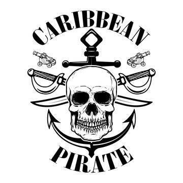 pirates. Emblem template with swords and pirate skull. Design element for logo, label, emblem, sign.