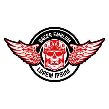 Emblem template with biker skull and wings. Design element for logo, label, emblem, sign, badge.
