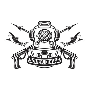 Scuba diving. Emblem template with old style diver helmet and underwater guns. Design element for logo, label, emblem, sign, badge.