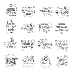 Happy St Patrick Day Calligraphy Set, Hand Drawing Irish Celebration Lettering Typography Icons Vector Illustration