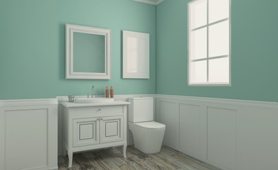 Fototapeta na wymiar Clean and fresh bathroom with natural light. 3D rendering.. Blank paintings